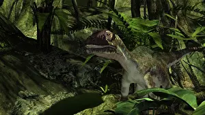 Dromaeosaurid: Utahraptor in a prehistoric forest