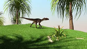 Utahraptor: Utahraptor walking across a grassy field