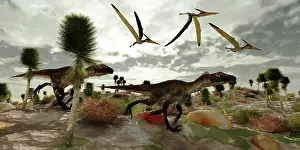 Utahraptor: Two Utahraptors hunt for prey as pterosaurs fly above