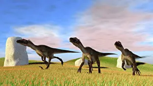 Utahraptor: Three Utahraptors running across a grassy field