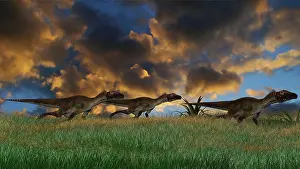 Utahraptor: Three Utahraptors running across prehistoric grasslands