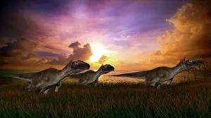 Utahraptor: Three Utahraptors running across prehistoric grasslands at ?