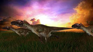 Utahraptor: Three Utahraptors running across prehistoric grasslands at ?