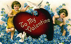 Doves: Valentines card with two cherubs and a large heart