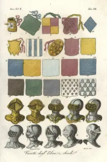 Tilt: Variety of jousting shields and helmets from