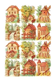 Millwheel: Various buildings and scenes on a sheet of Victorian scraps