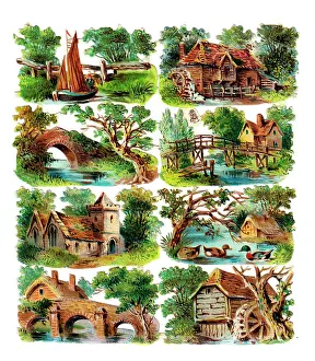 Millwheel: Various buildings and scenes on a sheet of Victorian scraps
