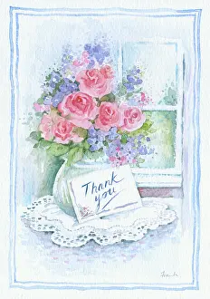 Thank: Vase of Flowers with a Thank You note