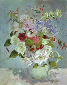 Fuchsia: Vase of mixed flowers ' Roses, Iris, etc