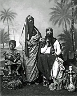 Veils: Veiled women and child, with hookah, Egypt