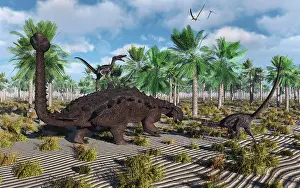 Roaming: Velociraptors attacking an armored Pinacosaurus dinosaur