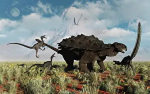 Roaming: Velociraptors attacking an armored Pinacosaurus dinosaur