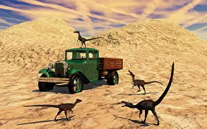 Old Fashion: Velociraptors react curiously to a 1930's American pickup ?