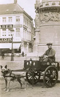 Cobblestones: Vendor with dog cart, Market Square, Bruges, Belgium