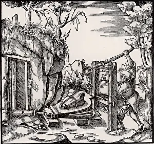 Basle: Ventilating a mine using bellows. (Basle, 1556)