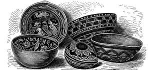 Ethnography: Vessels of japanned earthenware from Brazil. Engraving