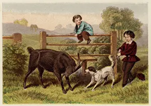 Stile: Two Victorian boys with dog and goat