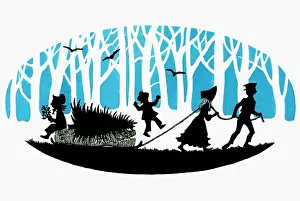 Silhouettes: Victorian children with Christmas tree