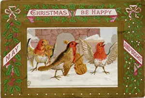 Bows: Victorian Christmas Card, Robin Orchestra playing in snow