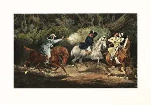 Mytton: Victorian gentlemen held up by a highwayman in a smock coat