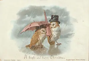 Owls: Victorian Greeting Card - Owls with Umbrella