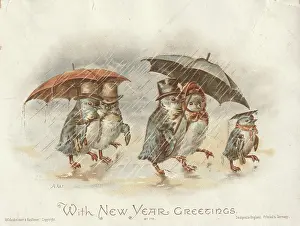 Anthropomorphism: Victorian Greeting Card - Penguins in the Rain