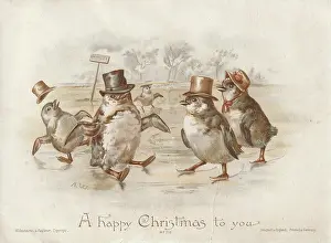 Anthropomorphism: Victorian Greeting Card - Penguins Skating