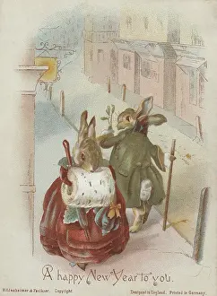 Anthropomorphism: Victorian Greeting Card - Rabbits with Misteltoe