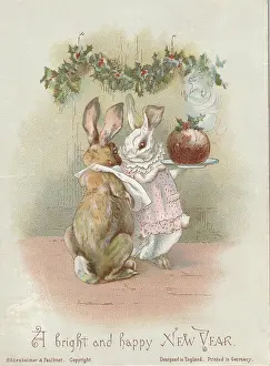 Plum: Victorian Greeting Card - Rabbits with Plum Pudding