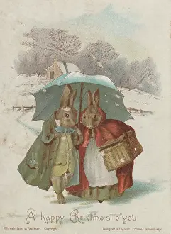 Anthropomorphism: Victorian Greeting Card - Snowy Rabbits