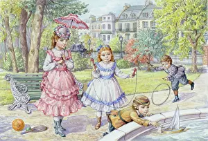 Skipping: Victorian scene ' children playing in a park