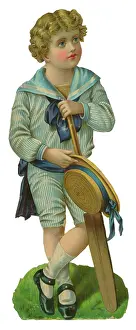 Boater: Victorian scrap, Boy in sailor suit with cricket bat