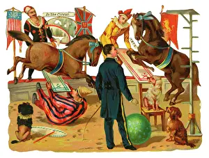 Clowns: Victorian Scrap, circus ring with performers and animals