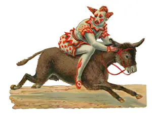 Clowns: Victorian Scrap, clown riding a donkey