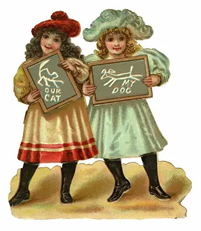 Slate: Victorian Scrap, two girls with slates