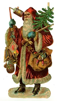 Trimming: Victorian scrap - Santa with tree and sack of presents