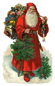 Sack: Victorian scrap - Santa with tree and sack of presents