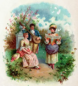 Lute: Victorian Transfer design, three musicians