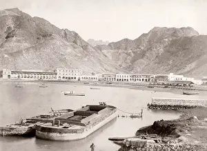 Aden: View of Aden, Yemen, buildings and a barge
