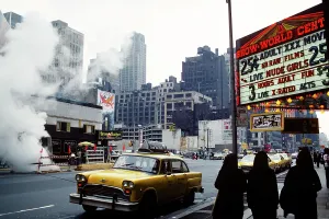 Gritty: View of Backs of Three Nuns walking Past Marquee