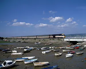 Intercity: View of boats in the harbour, with train, Cockwood, Devon