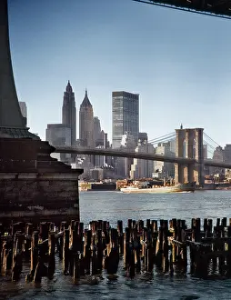 Pilings: View of Brooklyn Bridge and City Skyline from Under the
