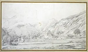 Daubigny: View of Buildings in a walled Enclosure with Mountains in th