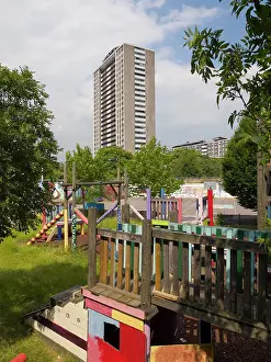 Cliffe: View across Three Corners adventure playground towards flats