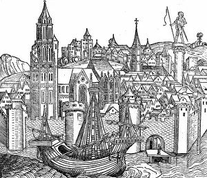 Chronicle: View of fortified city with a Cog, a type sailing