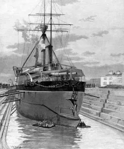 Collide: View of H.M.S Camperdown after the collison, in dry dock for