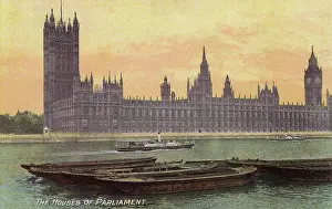 Downstream: View of the Houses of Parliament across the River Thames