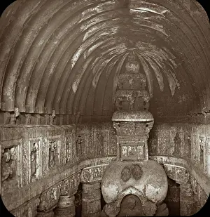Ajanta: View of the inside of a building with arched roof