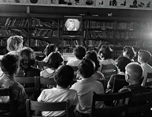 Singular: Back view of kids in school library watching