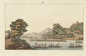 Oarsmen: View of a large timber raft on the Rhine near
